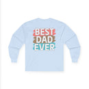 Light blue long-sleeve cotton shirt with colorful 'best dad ever' graphic design