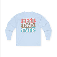 Light blue long-sleeve cotton shirt with colorful 'best dad ever' graphic design
