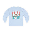 Light blue long-sleeve shirt featuring the text best dad ever cotton shirt in a stylish design