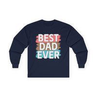 Navy long-sleeve shirt featuring the phrase best dad ever cotton shirt in colorful lettering
