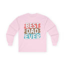Light pink long-sleeve cotton shirt featuring the phrase best dad ever in colorful bold lettering