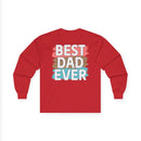 Red long-sleeve shirt featuring the text best dad ever in colorful lettering on the back