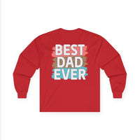Red long-sleeve shirt featuring the text best dad ever in colorful lettering on the back