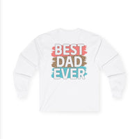 White long-sleeve cotton shirt featuring the text best dad ever in colorful designs and patterns