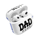 White sustainable airpod cases by Printify with black Dad ever design and mustache graphics