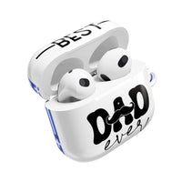 White sustainable airpod cases by Printify with black Dad ever design and mustache graphics