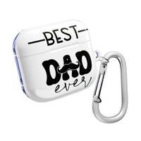 Printify Best Dad Ever sustainable airpod cases with white design and attached silver carabiner clip