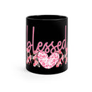 Black eco-friendly mom coffee mug with pink blessed text and heart leopard print design