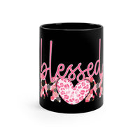 Black eco-friendly mom coffee mug with pink blessed text and heart leopard print design