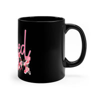 Black Printify mug with pink floral design and eco-friendly mom coffee mug text