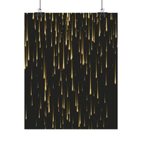 Black poster featuring falling gold streaks hanging with clips sustainable rolled posters Printify