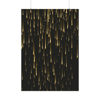 Black poster with gold streaks design hanging, sustainable rolled posters by Printify