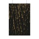 Black poster with gold streaks hanging on clips, sustainable rolled posters by Printify