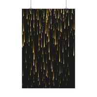 Black poster with gold streaks hanging on clips, sustainable rolled posters by Printify