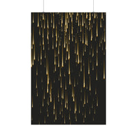 Printify sustainable rolled posters featuring gold streaks on a black background hanging by clips
