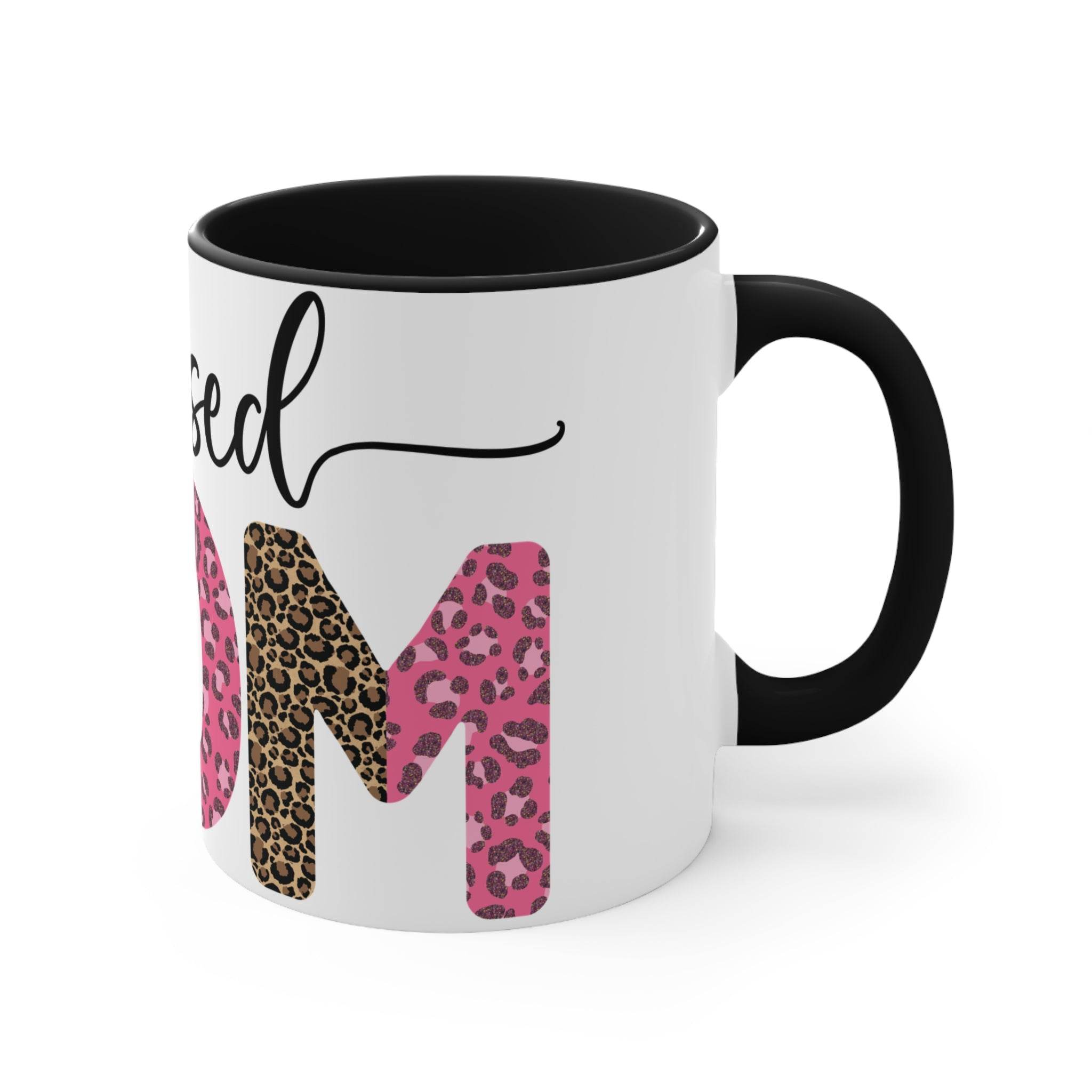 Printify blessed mom coffee cup with black handle and leopard print design on white mug