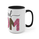 Printify white ceramic blessed mom coffee cup with black handle and leopard print letters