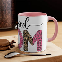 Printify blessed mom coffee cup with pink interior and leopard print design on white mug