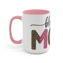 White mug with pink handle and interior featuring leopard print letters spelling blessed mom coffee cup