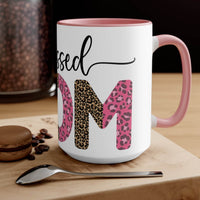 Printify blessed mom coffee cup with pink and leopard print design on white ceramic mug with pink handle