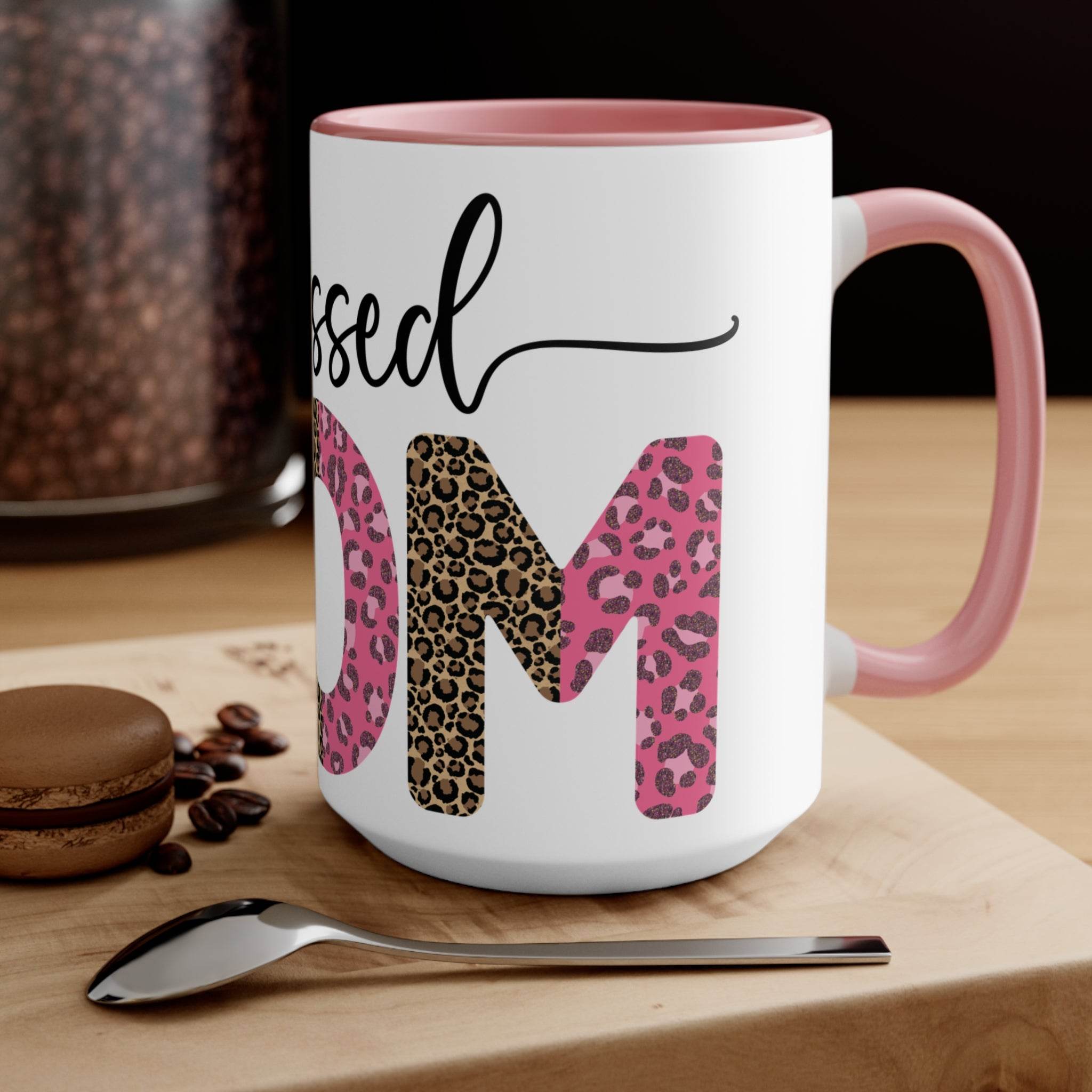 Printify blessed mom coffee cup with pink and leopard print design on white ceramic mug with pink handle