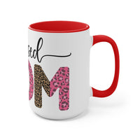 Printify white mug with red handle and interior featuring blessed mom coffee cup text with leopard print letters