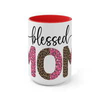 Printify blessed mom coffee cup with pink and leopard print letters and red interior