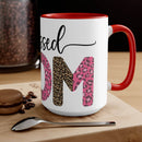 Printify white ceramic blessed mom coffee cup with red handle and leopard print design