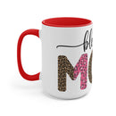 Printify blessed mom coffee cup with red handle and interior featuring leopard print letters