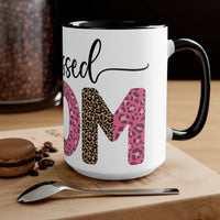 Printify blessed mom coffee cup with leopard print design on white mug with black handle