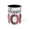 Printify blessed mom coffee cup with pink and leopard print 101 design and black interior