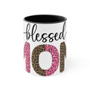 Printify blessed mom coffee cup with pink and leopard print 101 design and black interior