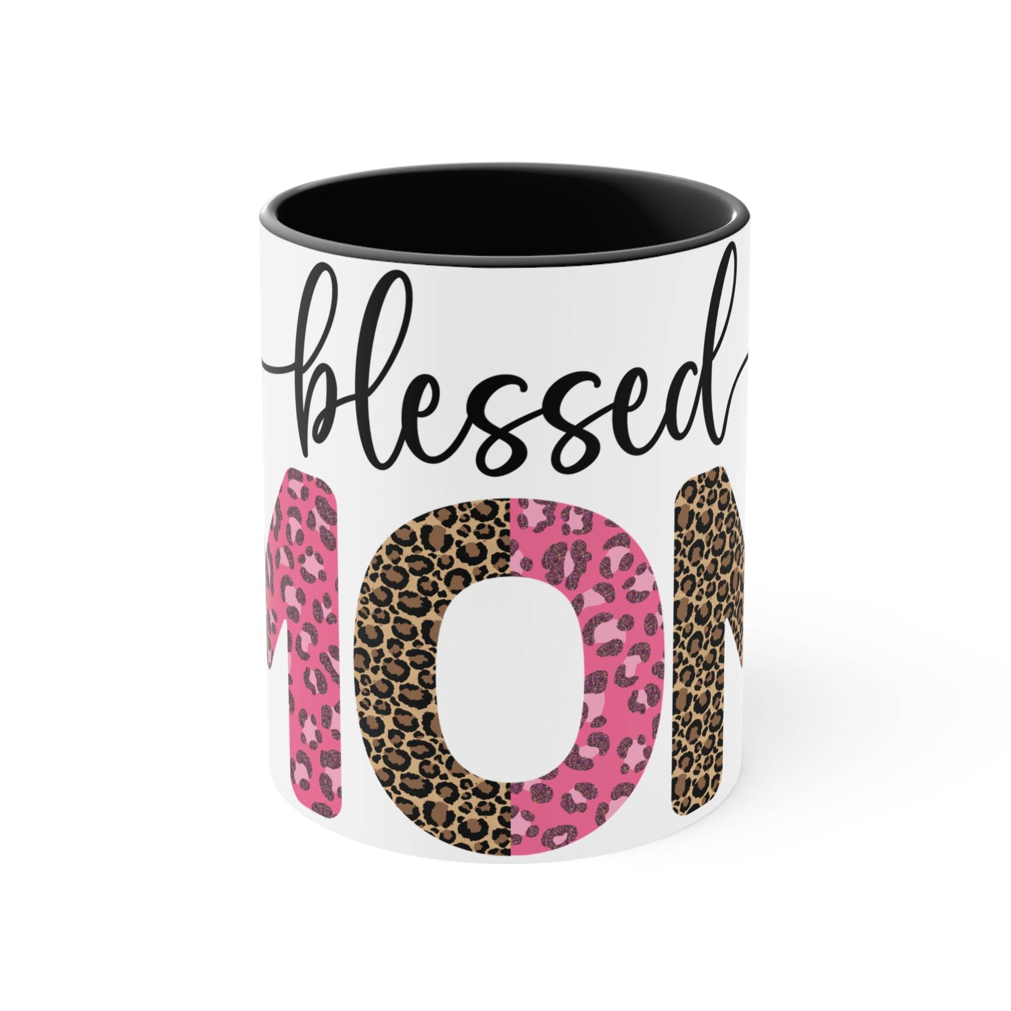 Printify blessed mom coffee cup with pink and leopard print 101 design and black interior