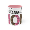 Printify blessed mom coffee cup with pink interior and leopard print number design