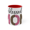 Printify blessed mom coffee cup with leopard and pink patterns and red interior