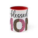 Printify blessed mom coffee cup with leopard and pink patterns and red interior