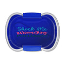 Blue reusable lunch container with clear lid and shock me say something intelligent design