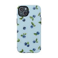 Printify sustainable magnetic phone case with a light blue background and blueberry pattern design