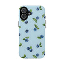 Printify sustainable magnetic phone case with blueberry pattern on light blue background