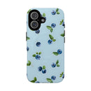 Printify sustainable magnetic phone case with a light blue background and scattered blueberry design