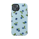 Printify sustainable magnetic phone case with blueberry and leaf design on light blue background