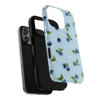 Printify sustainable magnetic phone case with blueberry pattern on light blue background for iPhone