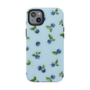 Printify sustainable magnetic phone case with blue blueberries and green leaves pattern on light blue background