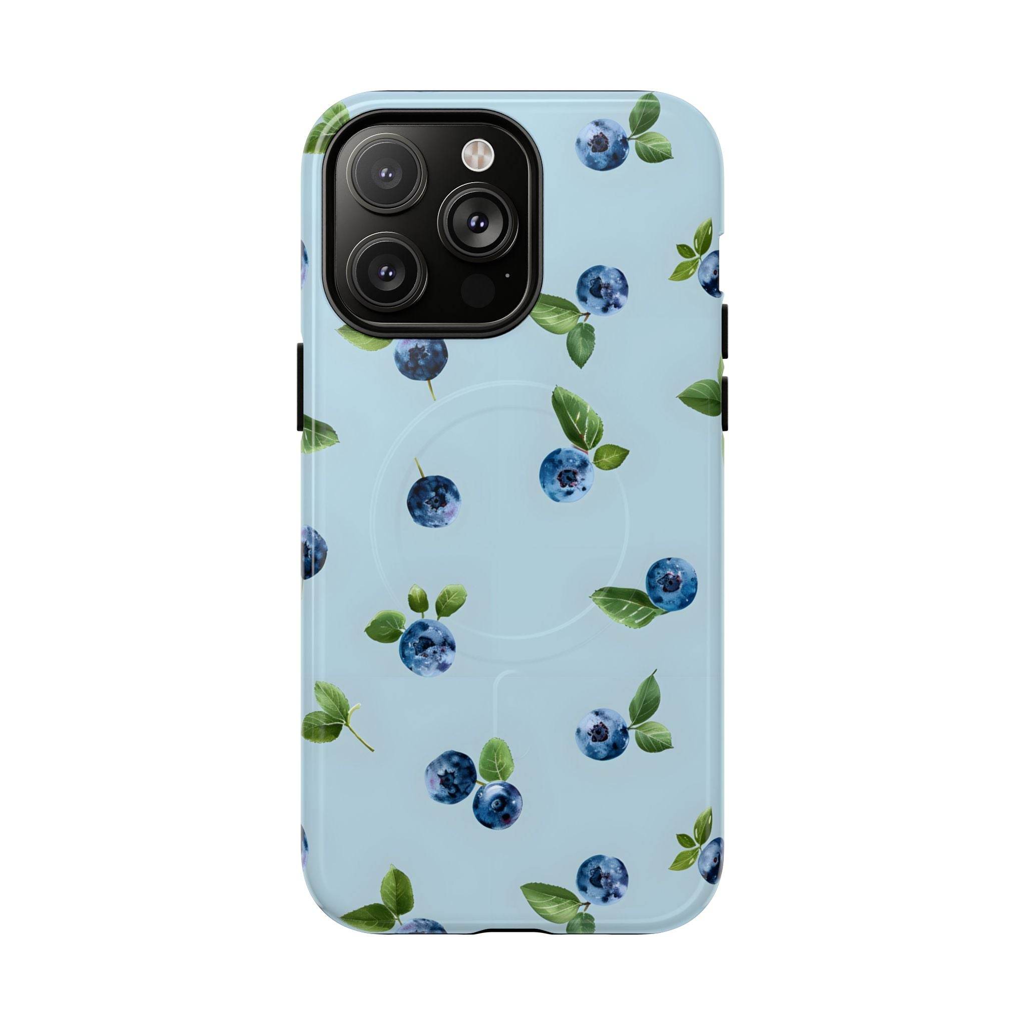 Printify sustainable magnetic phone case with blueberry design and light blue background
