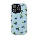 Printify sustainable magnetic phone case with blue blueberry design on light blue background
