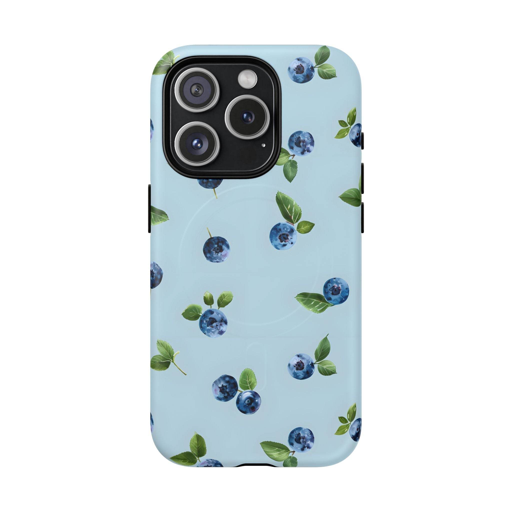 Printify sustainable magnetic phone case with light blue background and blueberry pattern