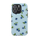 Sustainable magnetic phone case by Printify with blue blueberry pattern on light blue background