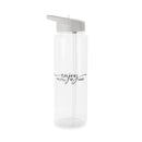 Clear BPA-free Tritan bottle by Printify with gray lid and enjoy the little things text design