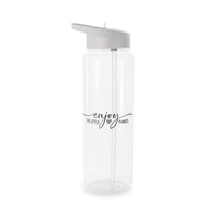 Clear BPA-free Tritan bottle by Printify with gray lid and enjoy the little things text design