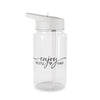 Clear BPA-free Tritan bottle with white lid and straw featuring enjoy the little things design